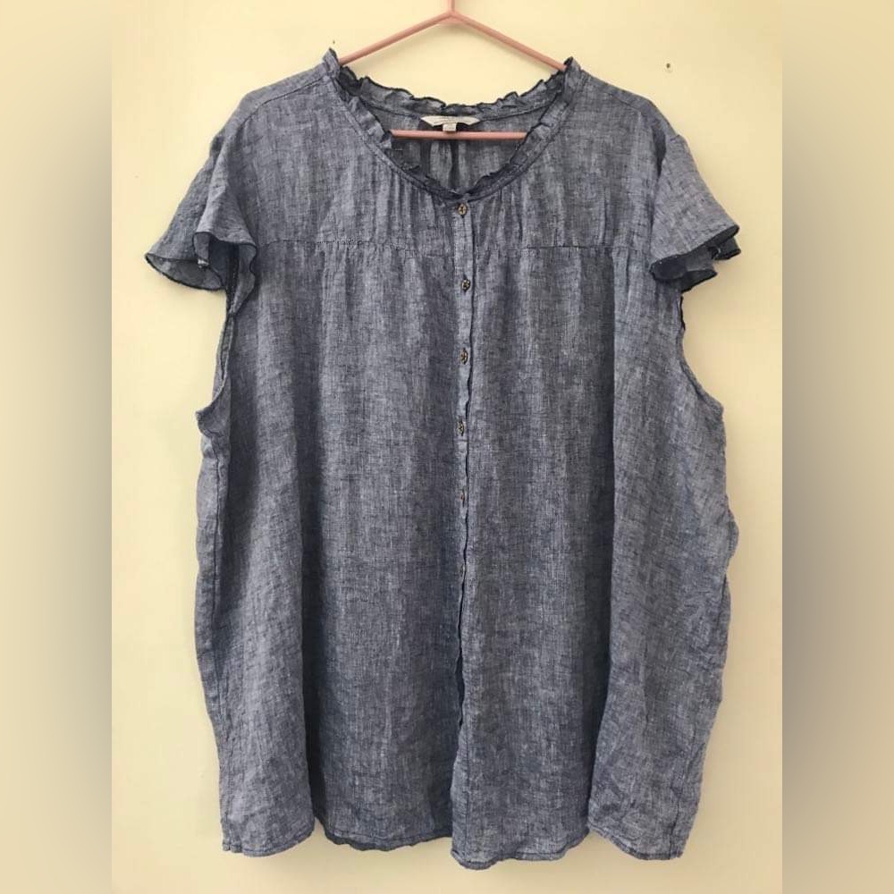 Women's Blue Linen Ruffle Sleeve Button-Front Top